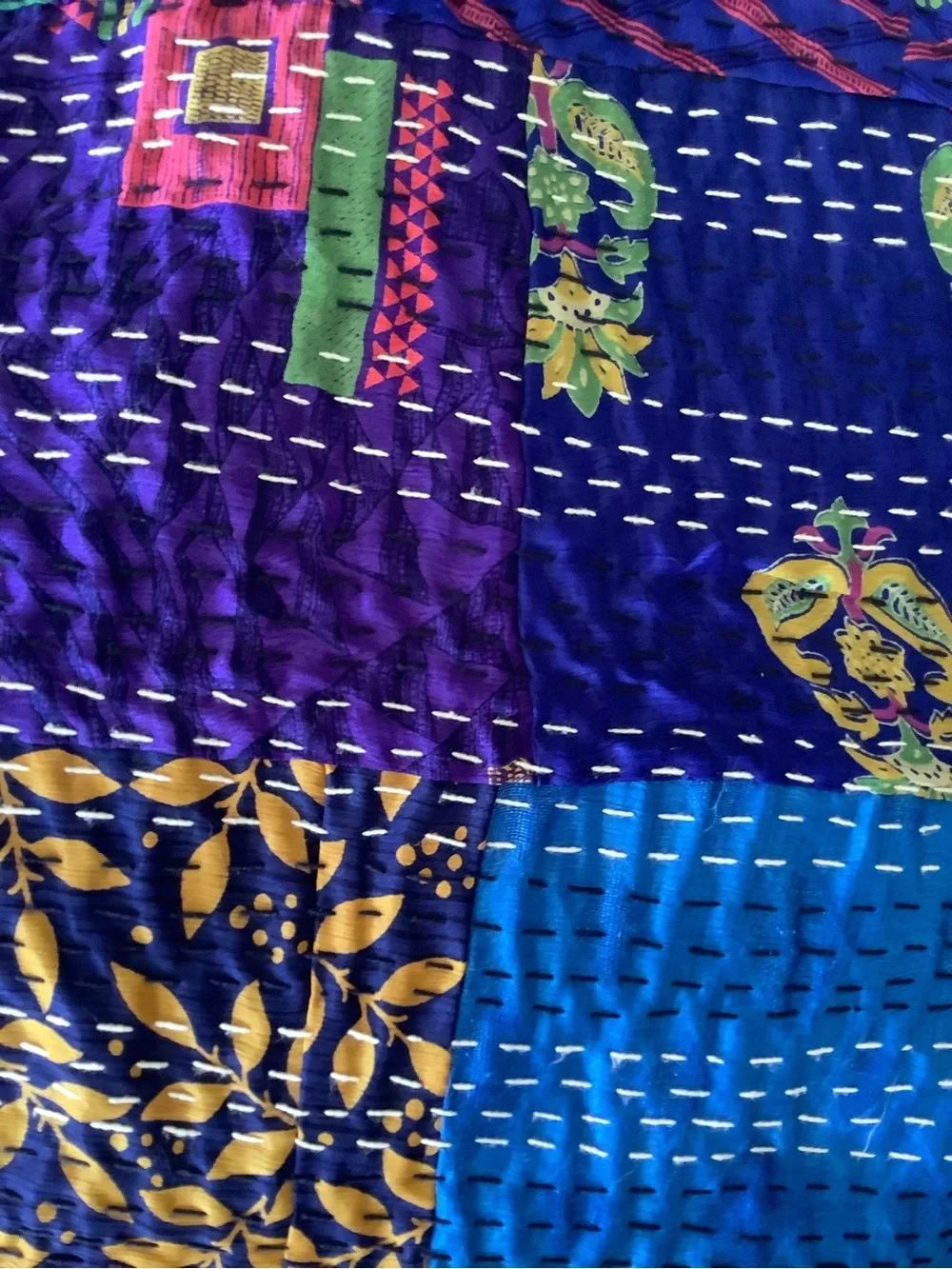 Handmade Patchwork Kantha Quilt in Multicolor Blue & Green QUEEN Size